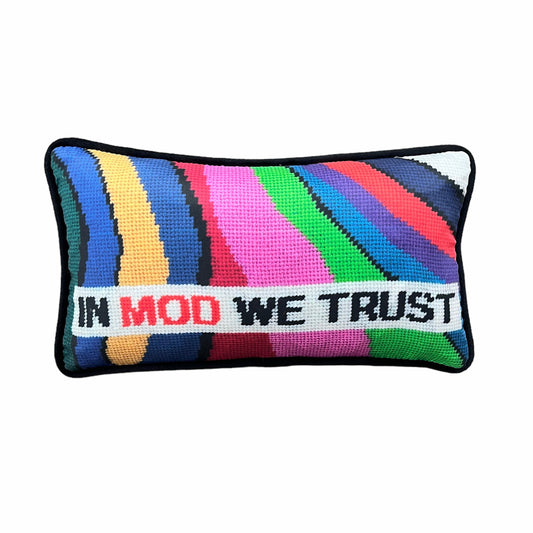 IN MOD WE TRUST sits in a white rectangular box with wavy color bands in background