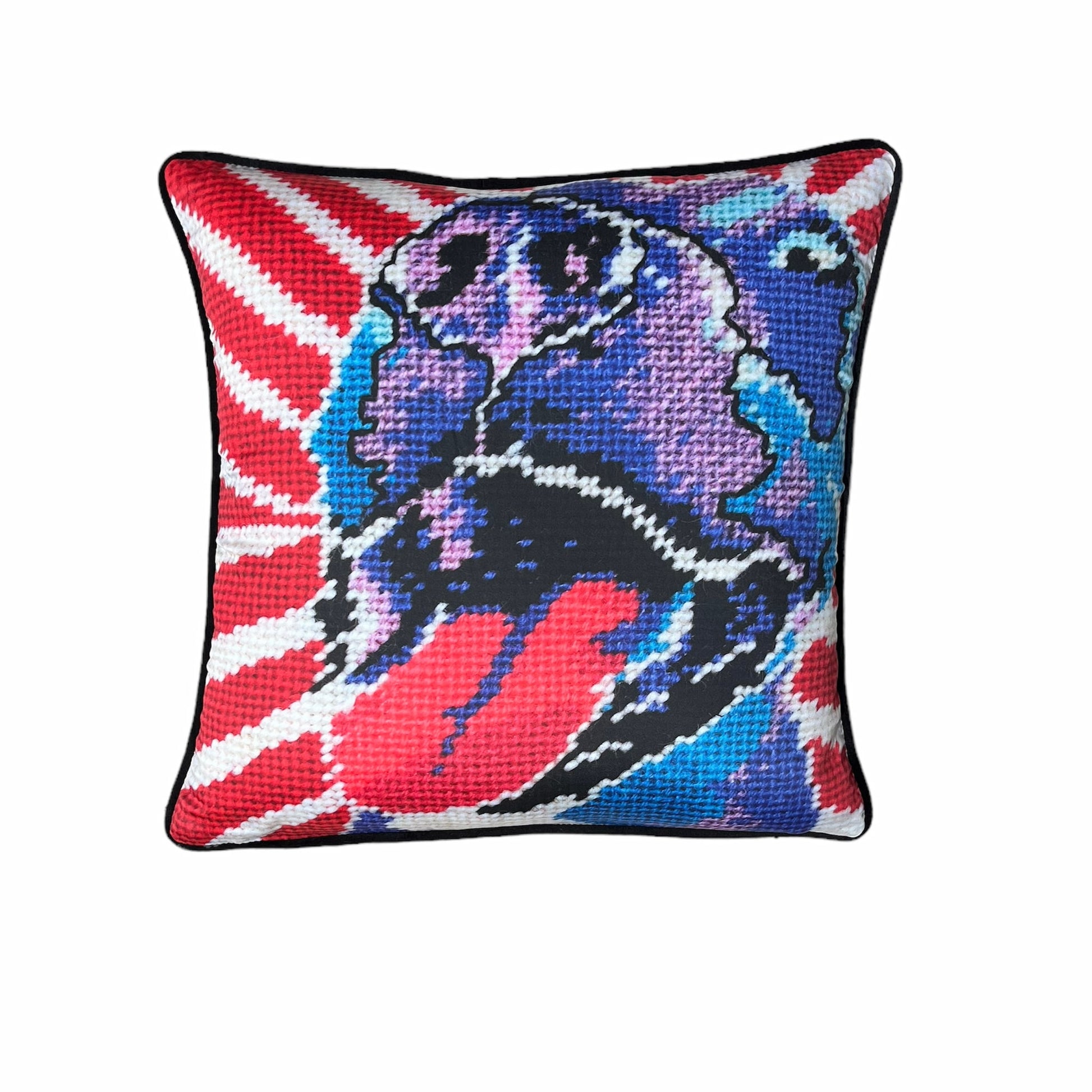 Americana style purple dog big pillow with big smile & tongue falling out, red & white diagonal background