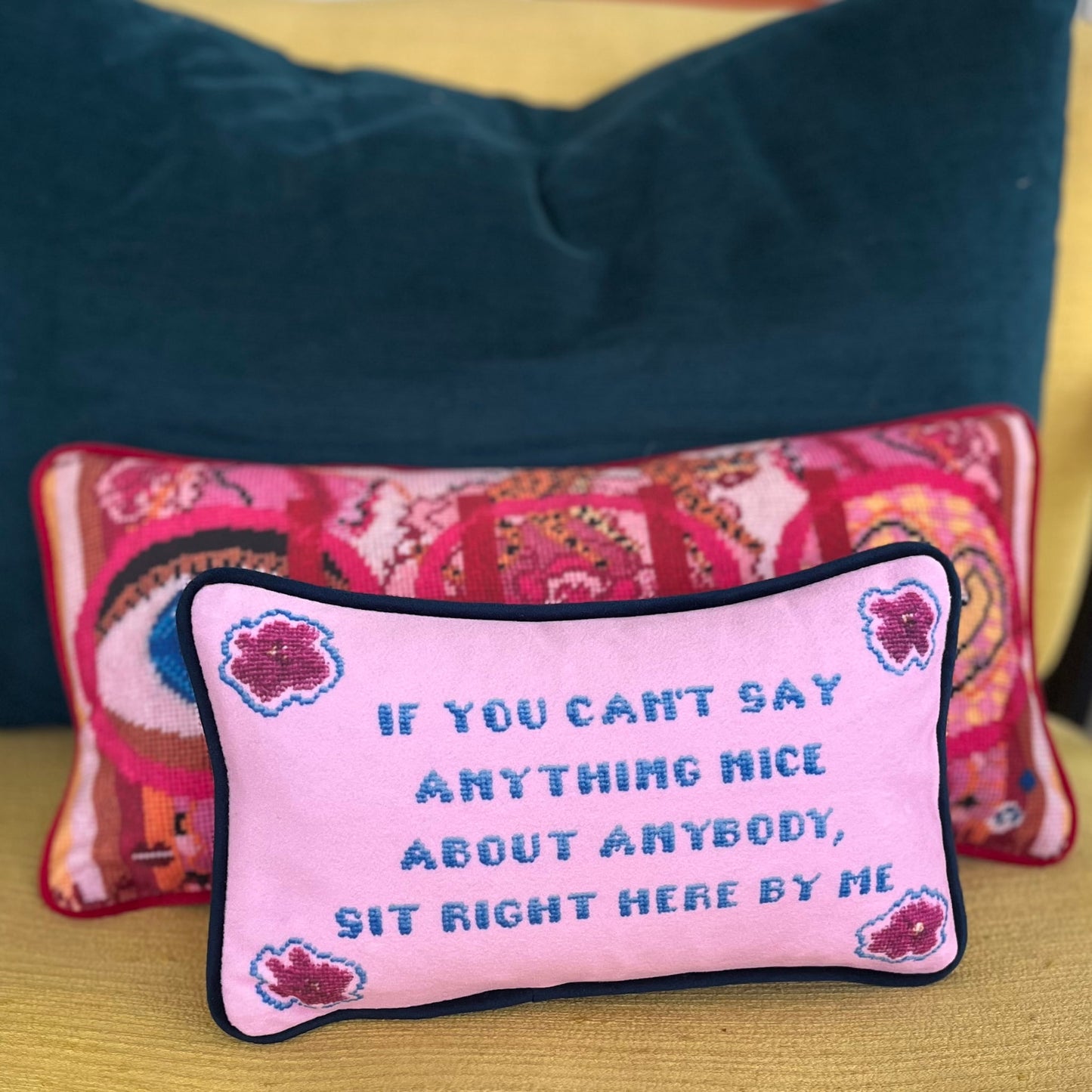 pink velvet toss pillow reads "If you can't say anything nice about anybody, sit right here by me."