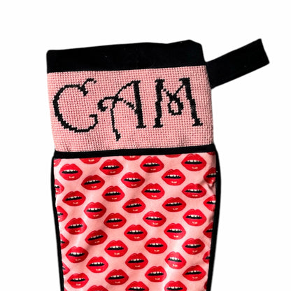 VELVET LIPS STOCKING with hand-embroidered needlepoint name