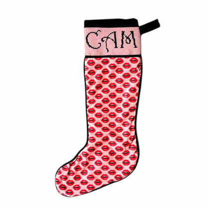 VELVET LIPS STOCKING with hand-embroidered needlepoint name