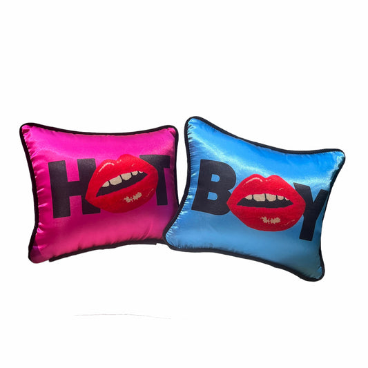 jewel-toned satin pillow set saying HOT BOY with the O as a pouty kiss