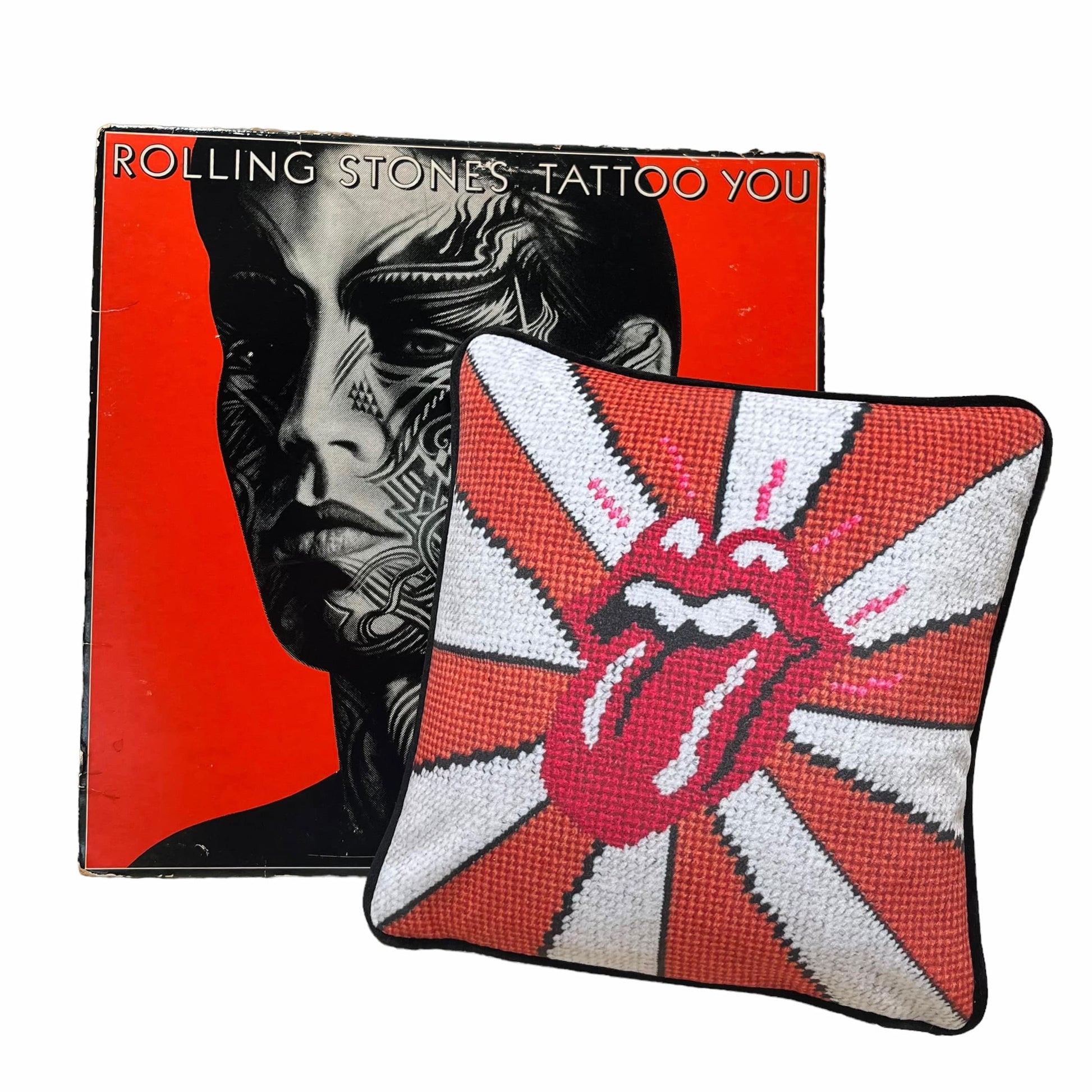 iconic rolling stones tongue with carousel gold and white bands, hot pink highlights
