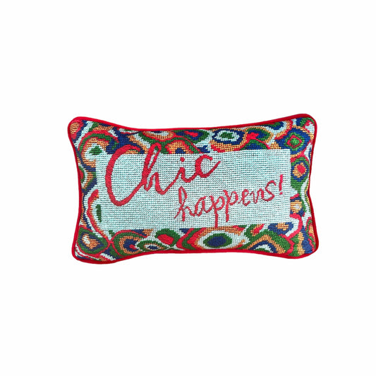 designer velvet pillow reads "Chic Happens" in red on Tiffany blue background with colorful red, green and blue large paisley border
