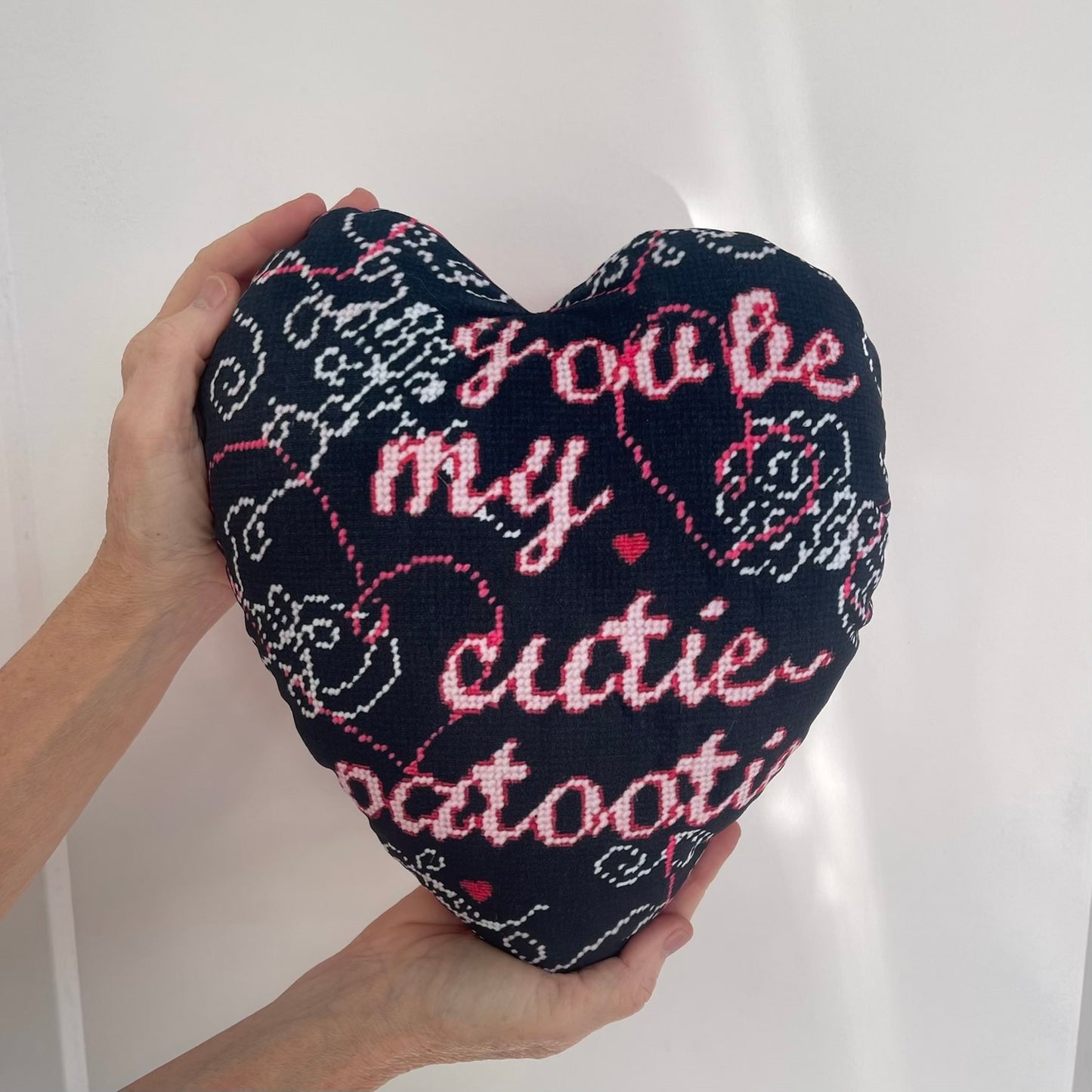 velvet YOU BE MY CUTIE-PATOOTIE sculpted heart pillow