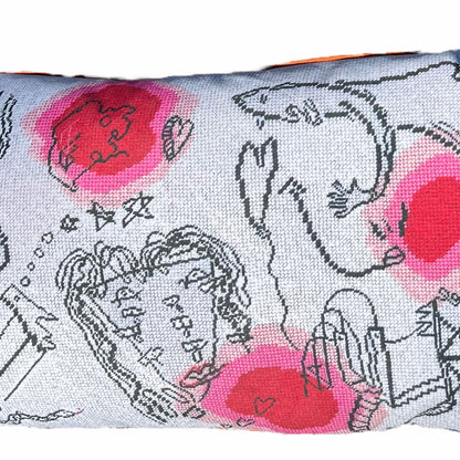intricate, eclectic drawings collide on a white background with red and pink blob accents