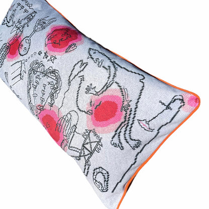 intricate, eclectic drawings collide on a white background with red and pink blob accents