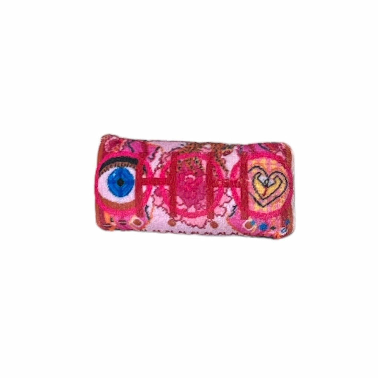 pink toned velvet lavender sachet features an evil eye, cougar with big lips & kissing snakes