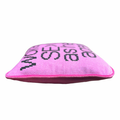 pink velvet with black script reading WOKE UP SEXY AS HELL AGAIN on full face of pillow