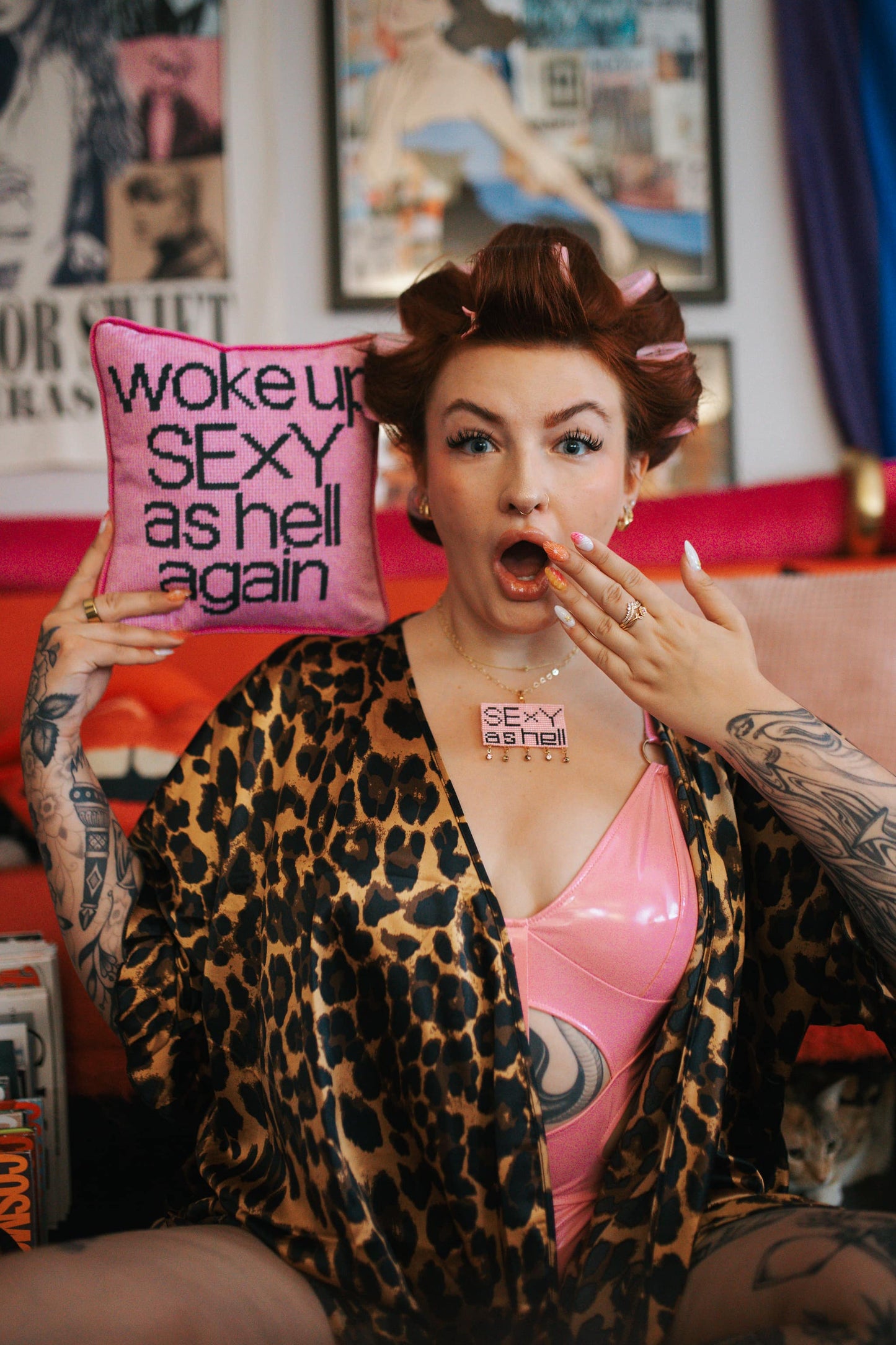 pink on pink velvet WOKE UP SEXY AS HELL AGAIN pillow