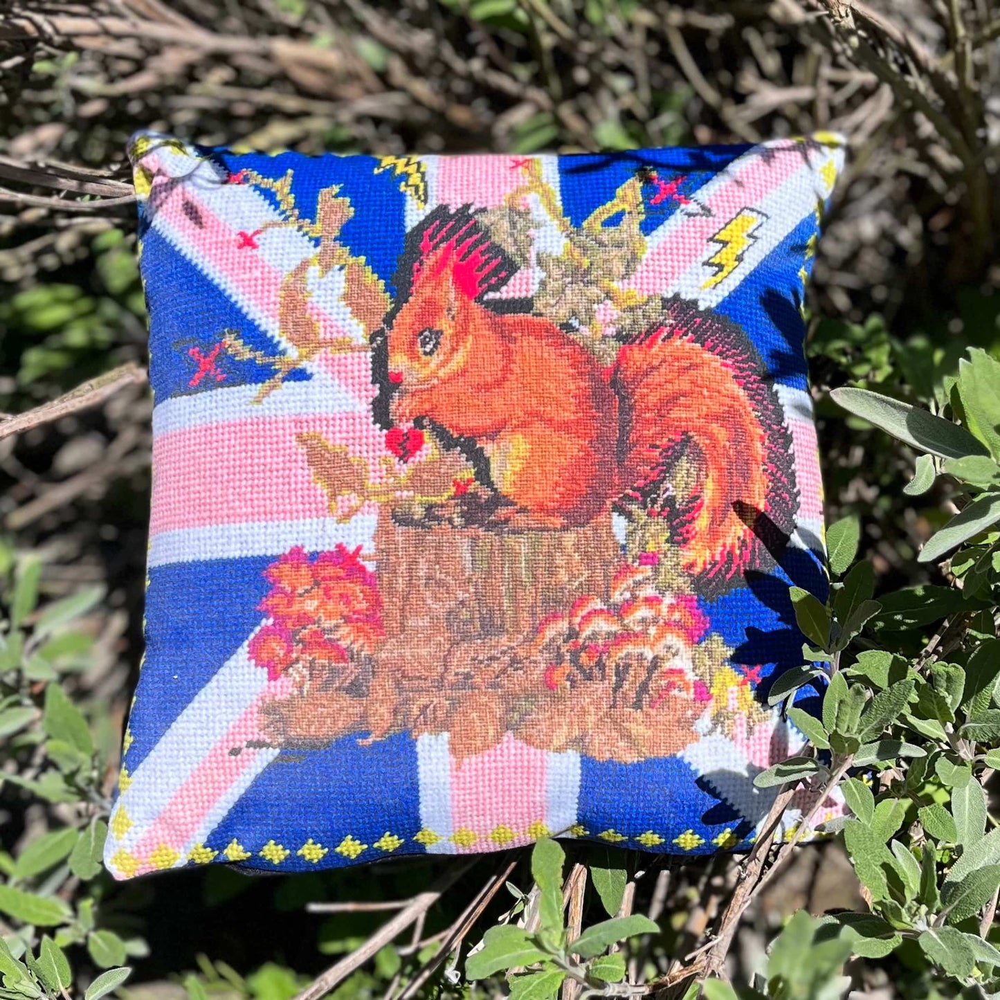 red squirrel with hot pink mohawk sits on a log, surrounded by British flag, shocking purple mushrooms, lightening bolts
