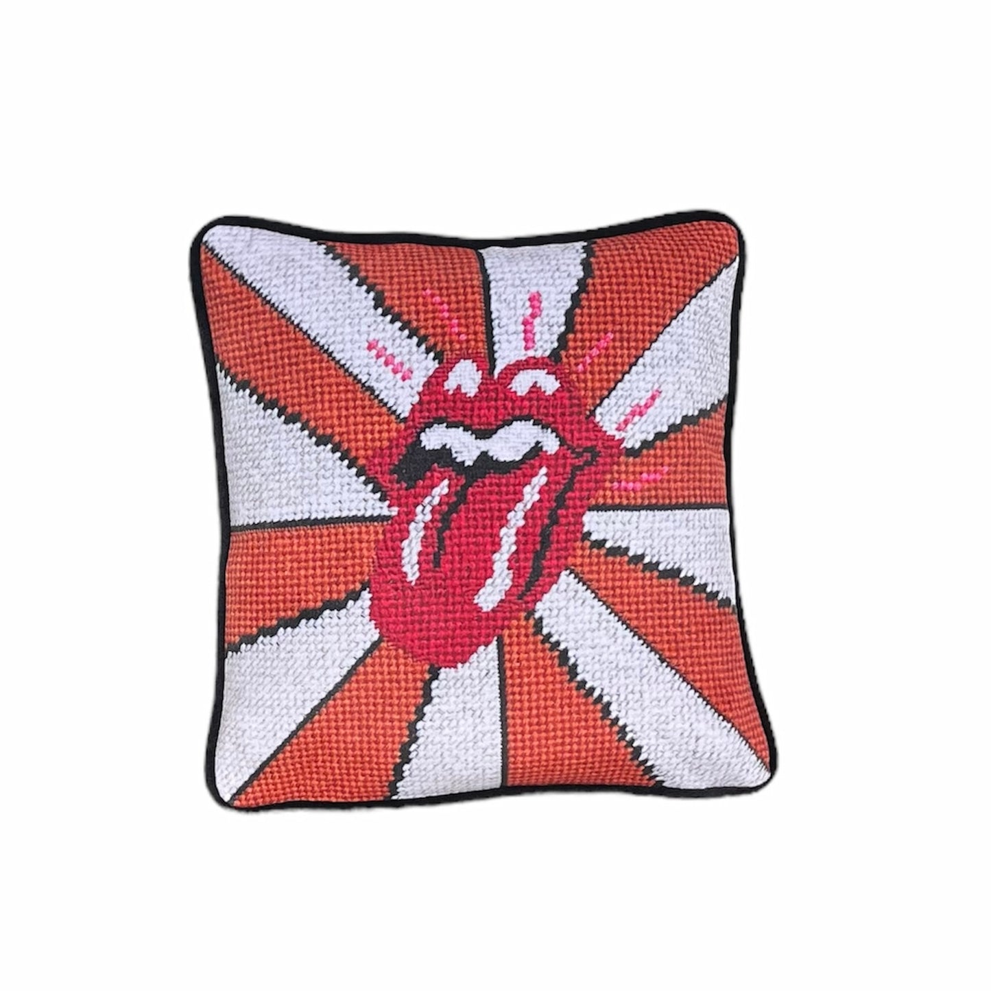the rolling stones tongue with pink highlights on a gold and white fanned out backgroundiconic rolling stones tongue with carousel gold and white bands, hot pink highlights