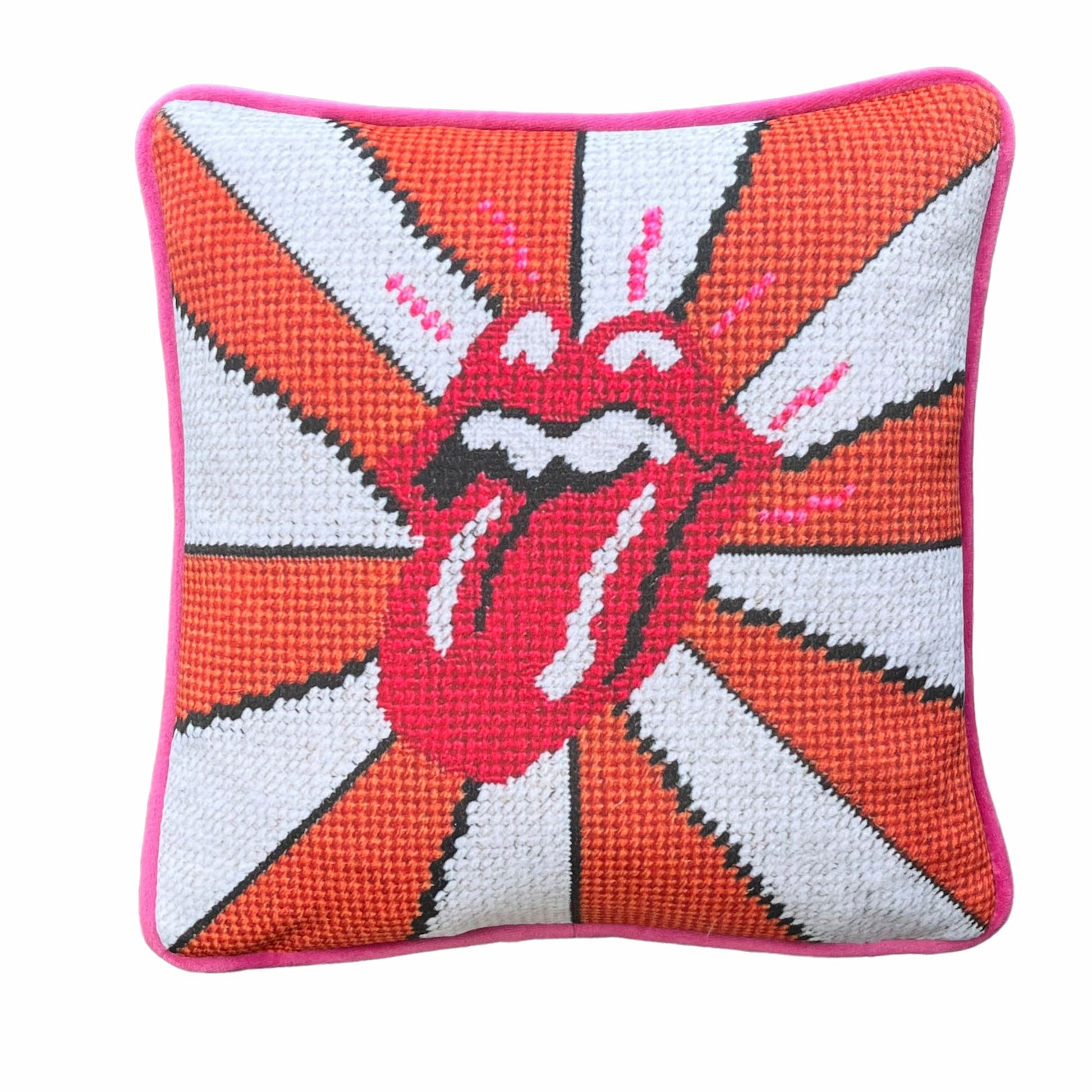 iconic rolling stones tongue with carousel gold and white bands, hot pink highlights