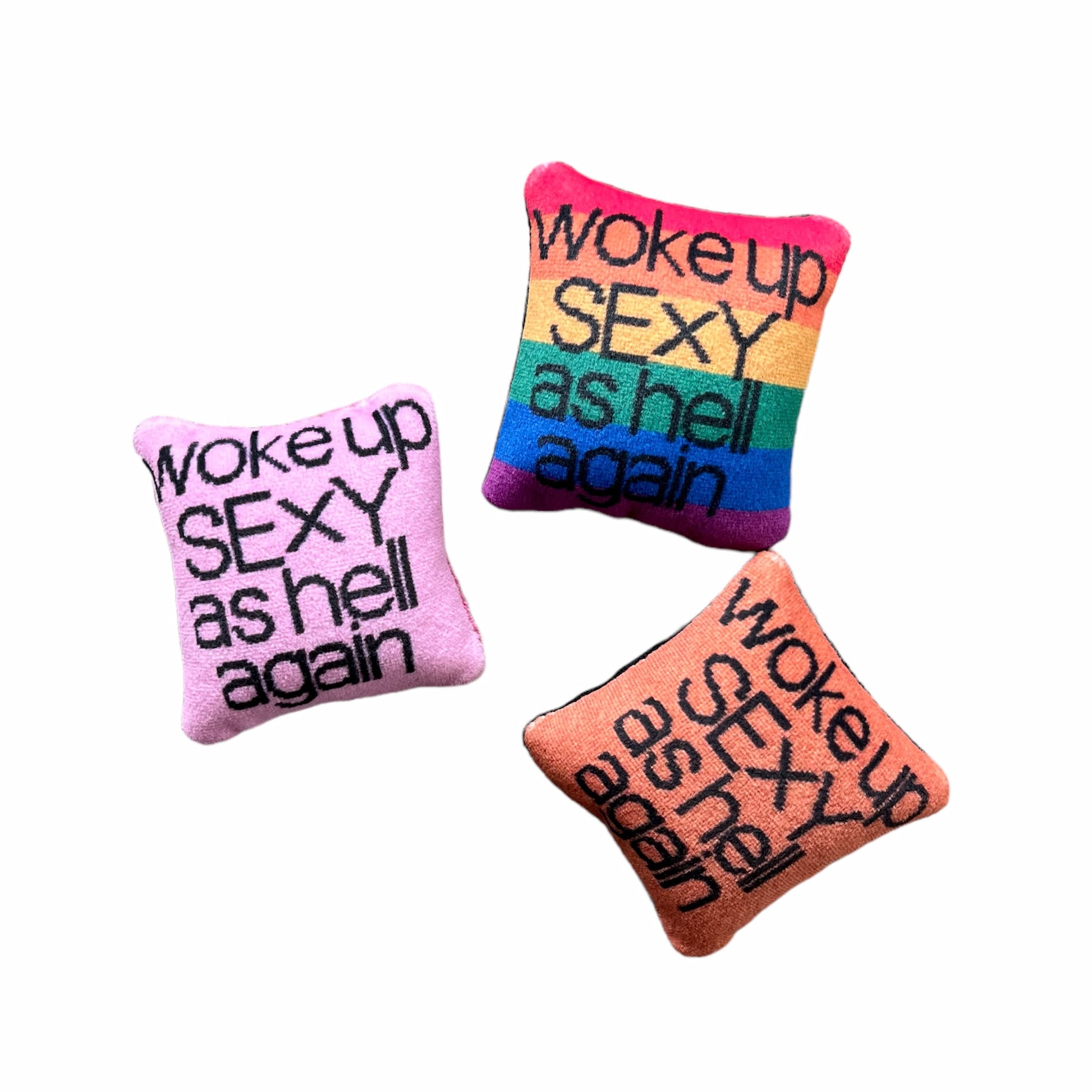 woke up sexy as hell in black, centered on pillow with in copper, pink & rainbow flag backgrounds / set of 3