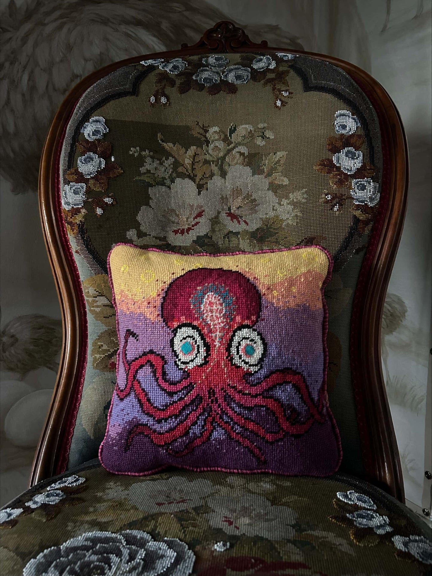 Harry Heissmann x Mommani Threads hand-embroidered OCTI needlepoint pillow