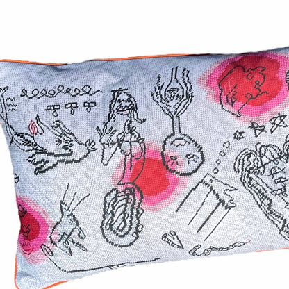 intricate, eclectic drawings collide on a white background with red and pink blob accents