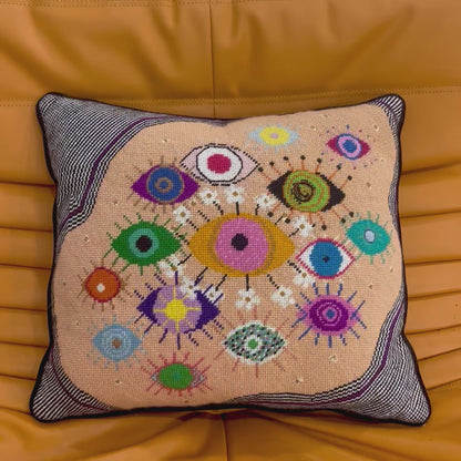 needlepoint IDOLEYES hand-embroidered pillow, original, one of a kind