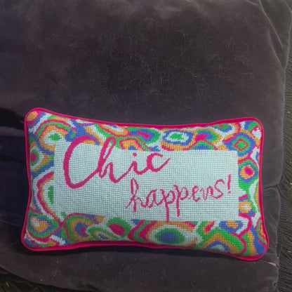 original needlepoint CHIC HAPPENS pillow, one of a kind