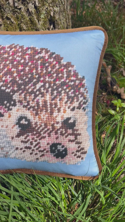 cute hedgehog with wildly colorful quills on a baby blue background with cocoa velvet finish