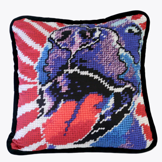 Americana style purple dog big pillow with big smile & tongue falling out, red & white diagonal background