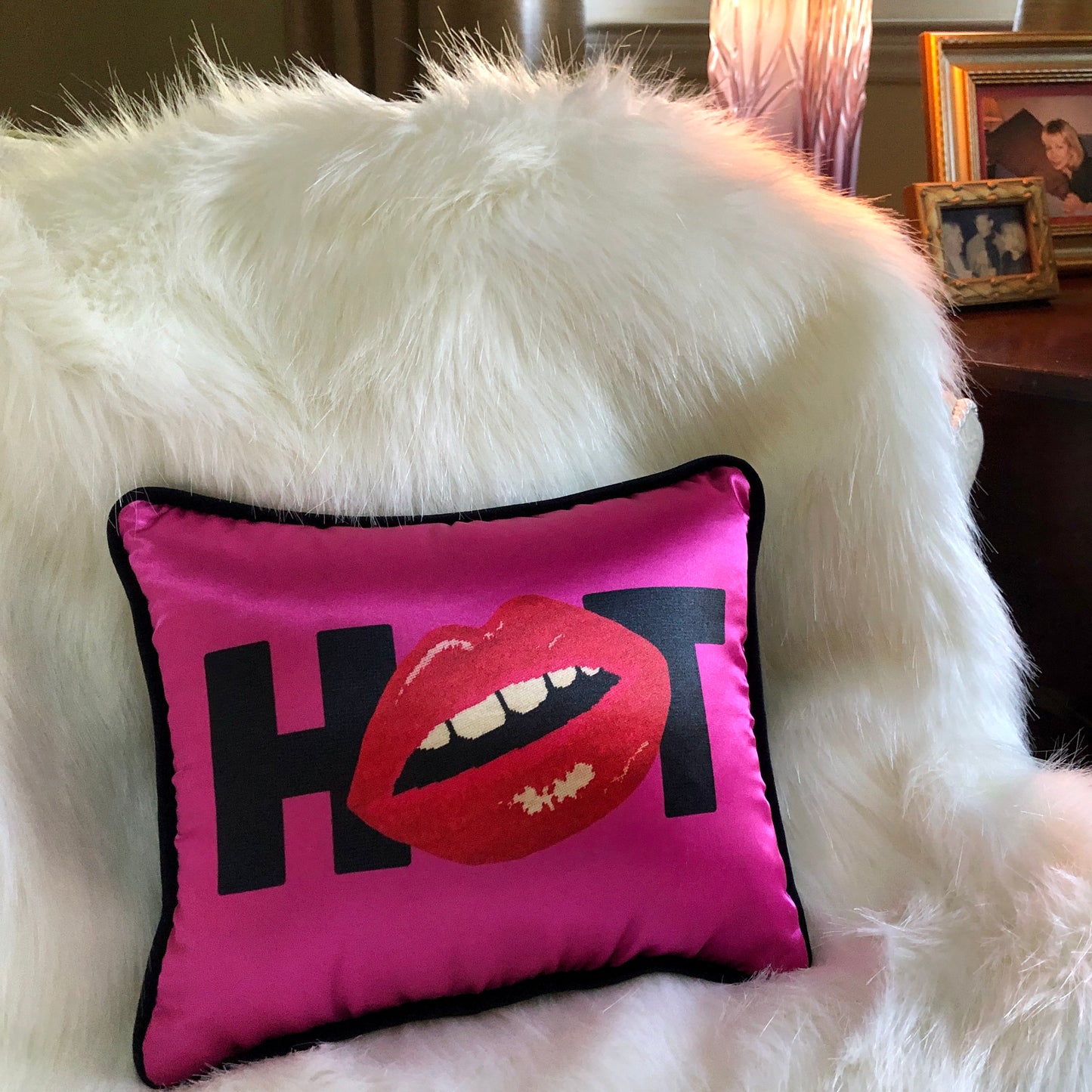 jewel-toned hot pink satin pillow with black HOT and red lips for O