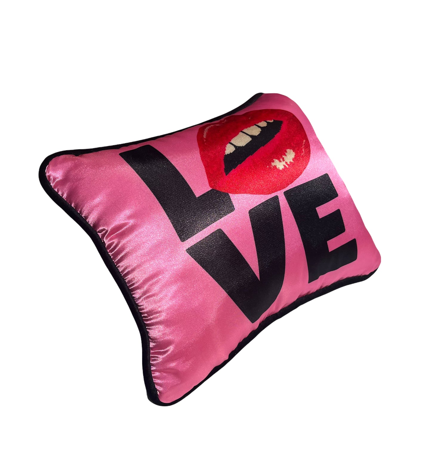 pop art pink satin LOVE kiss me pillow