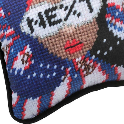 red, white & blue pillow with lady centered, flipped black hair, pearl necklace and sunglasses that say NEXT