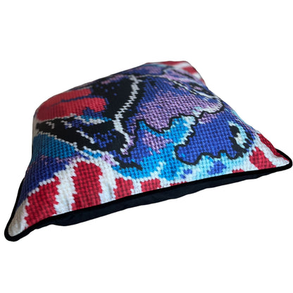 Americana style purple dog big pillow with big smile & tongue falling out, red & white diagonal background