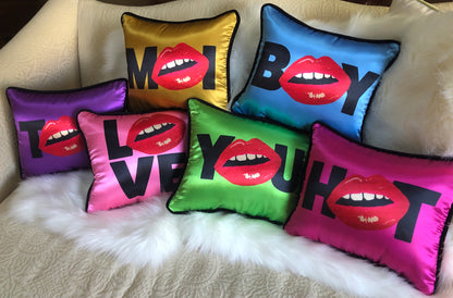 jewel-toned hot pink satin pillow with black HOT and red lips for O