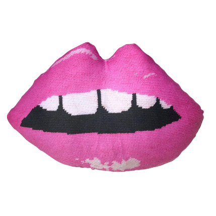 Sculpted pink lips pillow features blue lips with open mouth & gapped teeth. Featured in Bergdorf Goodman Libertine trunk show.