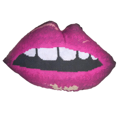 Sculpted magenta lips pillow features blue lips with open mouth & gapped teeth. Featured on Disney+ High School Musical The Series.