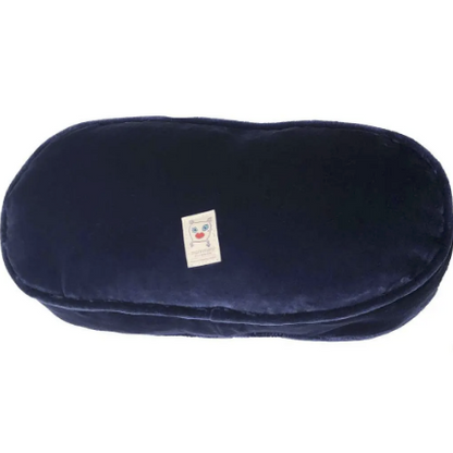 sculpted pill shape pillow is one-half white with blue letters and one half dotted, colorful pattern with PILL written in white  