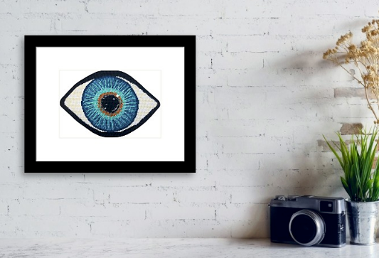 blue eye print has gold in center, turning to turquoise, then deep blues - very detailed