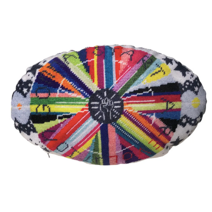 pillow center is dark gray with white fist pump, rainbow circle radiates out with GONNA START A REVOLUTION, cloud and stars border