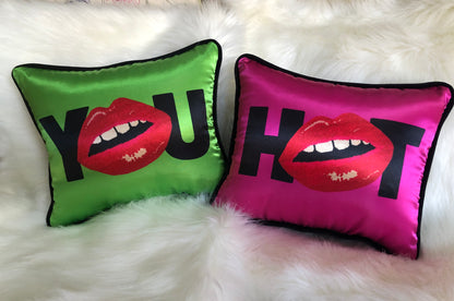 jewel-toned hot pink satin pillow with black HOT and red lips for O