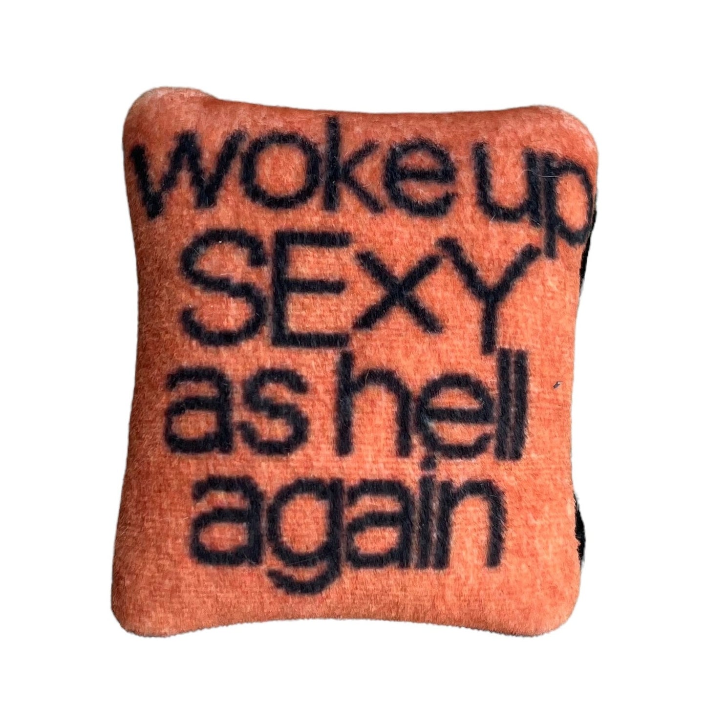 woke up sexy as hell again centered on pillow in black text with copper background