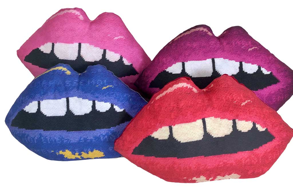Sculpted pink, magenta, blue & red set of fourlips pillow features blue lips with open mouth & gapped teeth. Featured on Disney+ High School Musical The Series.