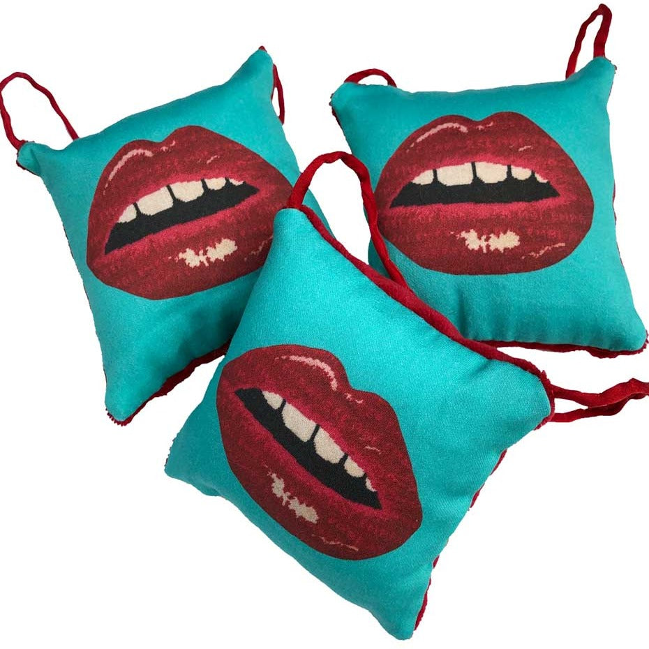 puffed pillow square ornament full red lips with open mouth and gapped teeth on turquoise background