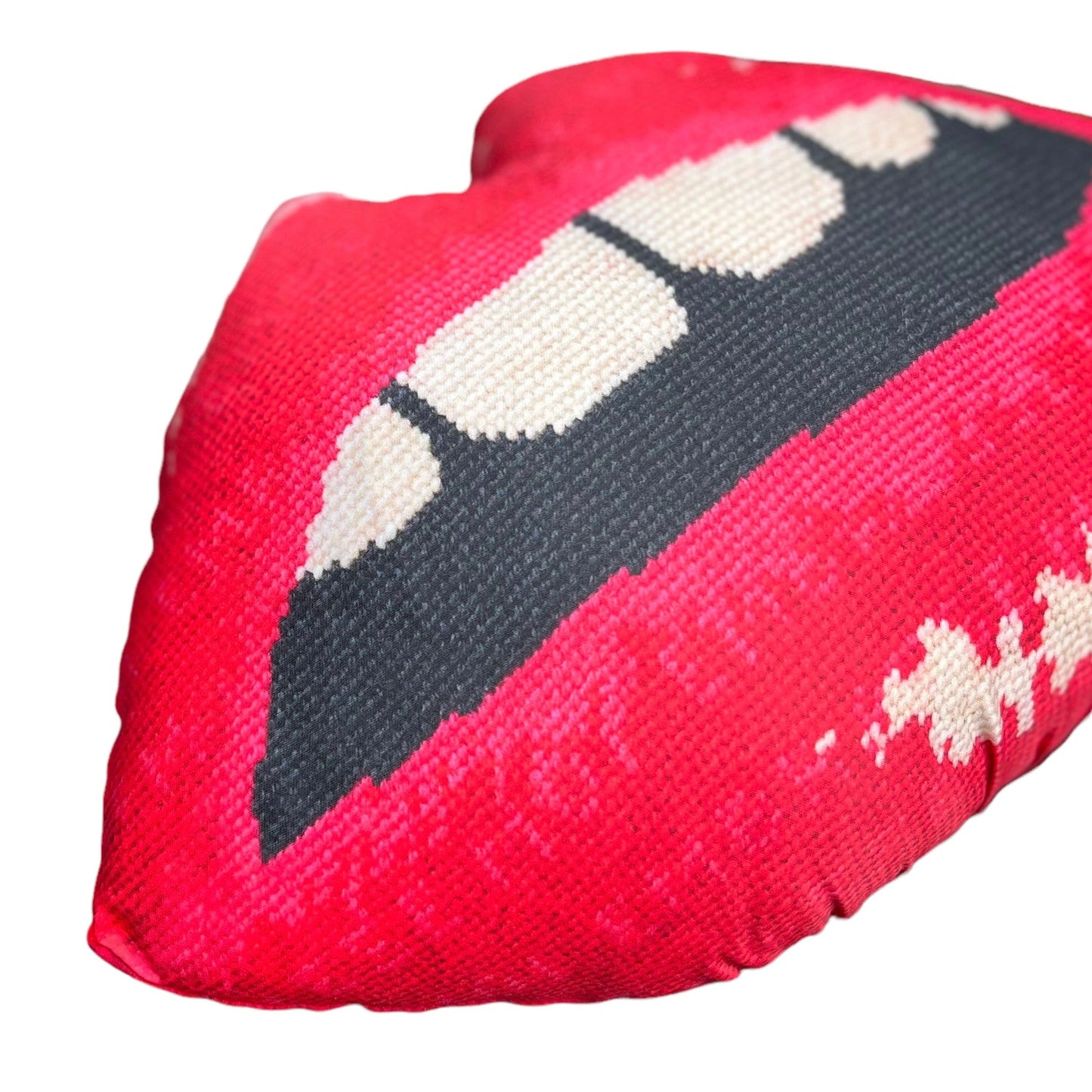 Sculpted red lips pillow features red lips with open mouth  & gapped teeth.  Featured on Disney+ High School Musical The Series.