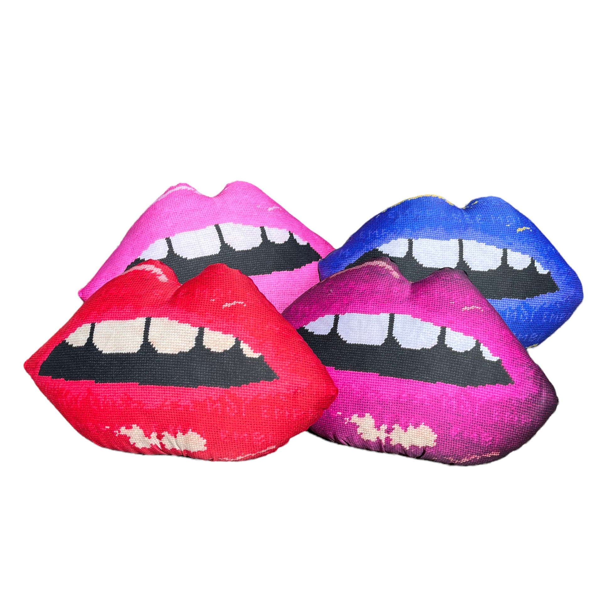 Set of 4 sculpted lips pillow in pink, blue, magenta open mouth & gapped teeth. Featured on Disney+ High School Musical The Series.
