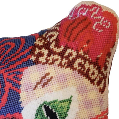 Multi-patterned sculpted cat in primarily pink and red colored with a checked face, swirls, leopard print , green eyes & flowers.  Kitty Love is written on the ears.