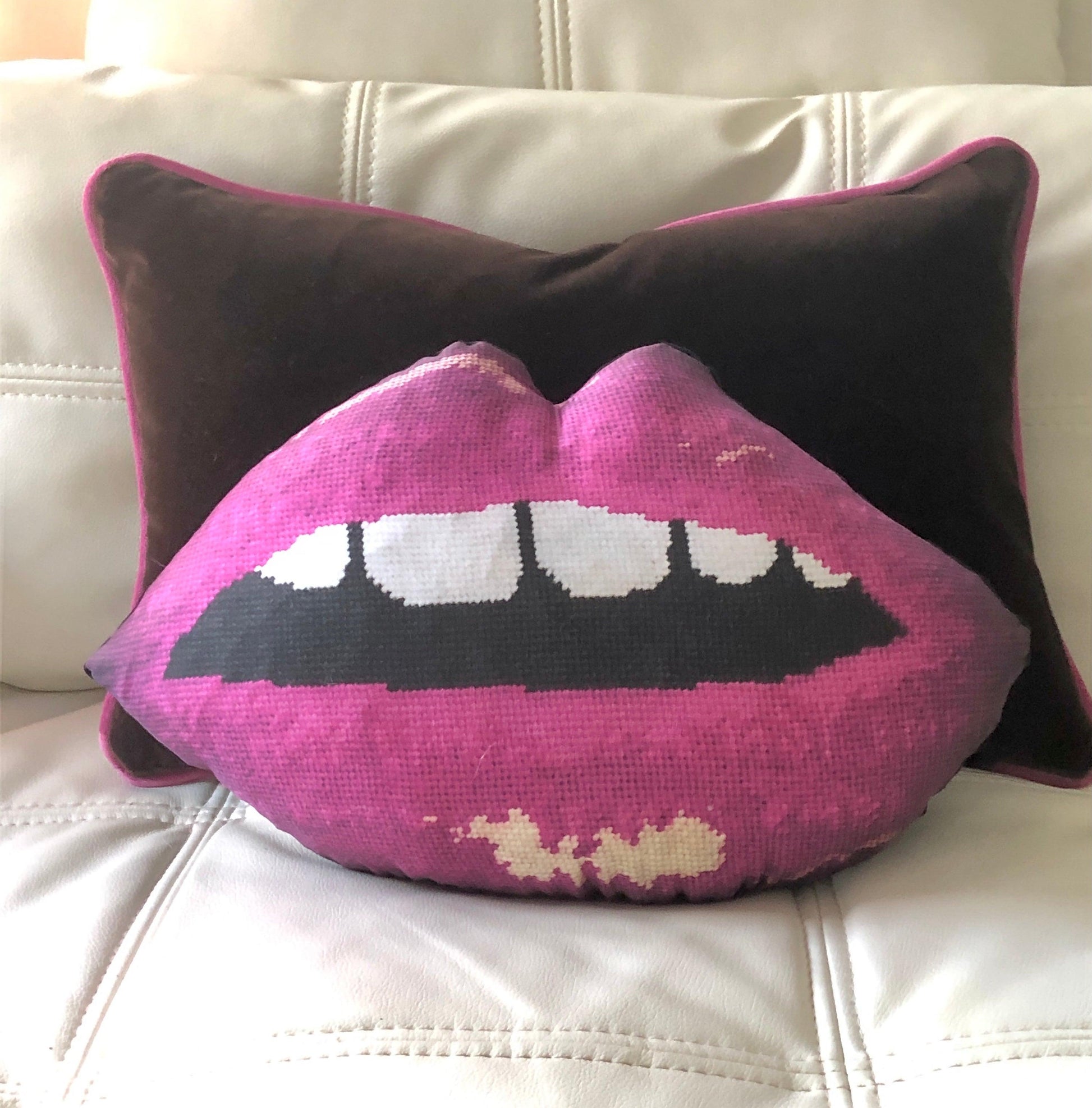 Sculpted magenta lips pillow with open mouth & gapped teeth. Featured on Disney+ High School Musical The Series.