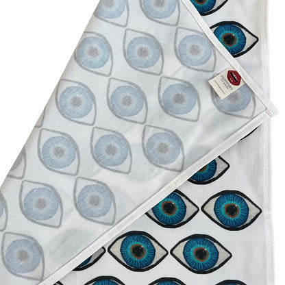 tea towel covered in blue eyes