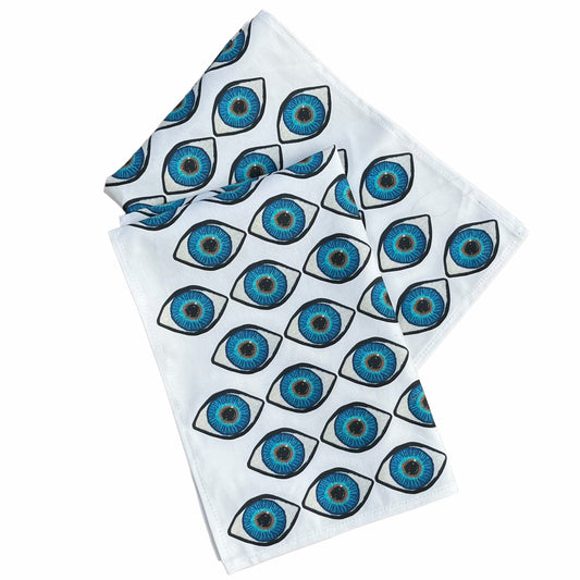 tea towel covered in blue eyes