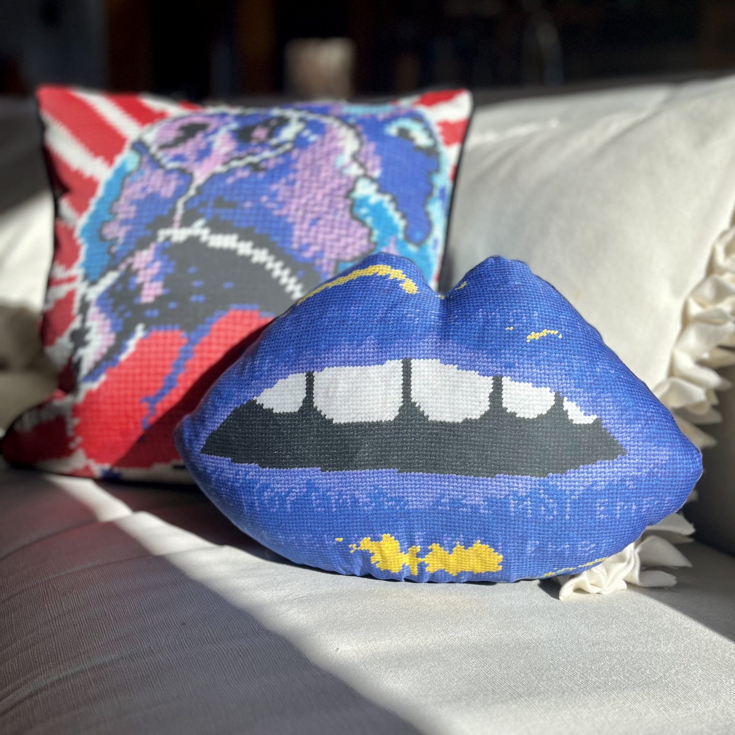 Sculpted blue lips pillow features blue lips with open mouth & gapped teeth