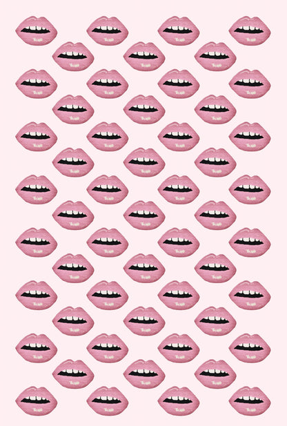 linen-colored tea towel with soft pink lips covered all over it
