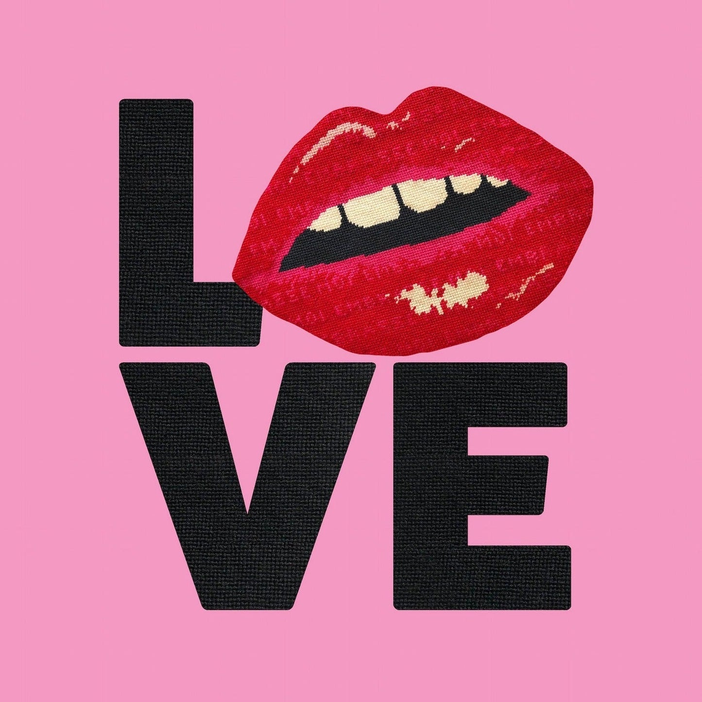 Glossy hot pink print features the word LOVE, spelled as L (lips) and VE stacked underneath. Seen on High School Musical: The Series.