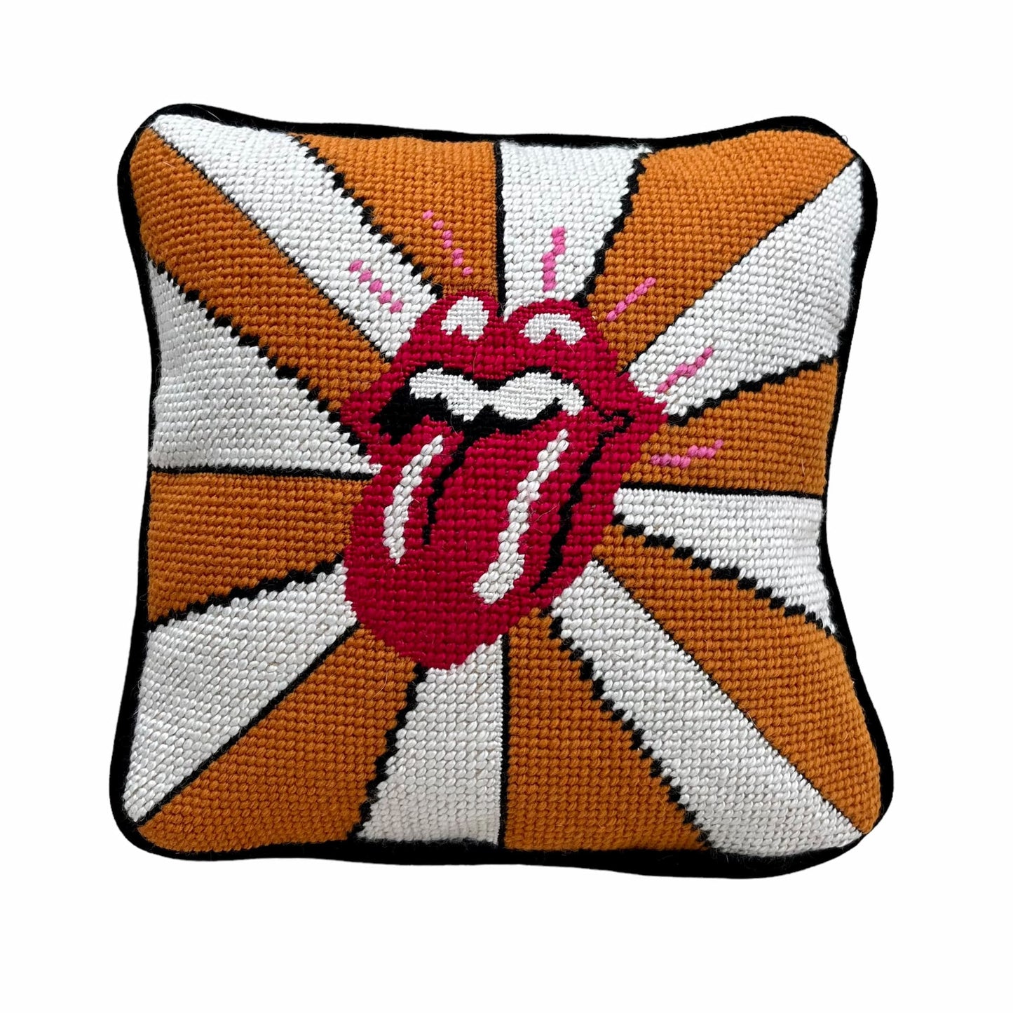 the rolling stones tongue with pink highlights on a gold and white fanned out background