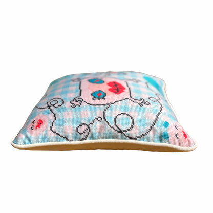 sweet monster pillow with big blue eyes & big red lips on baby blue checked background; says It's so hard to be a baby