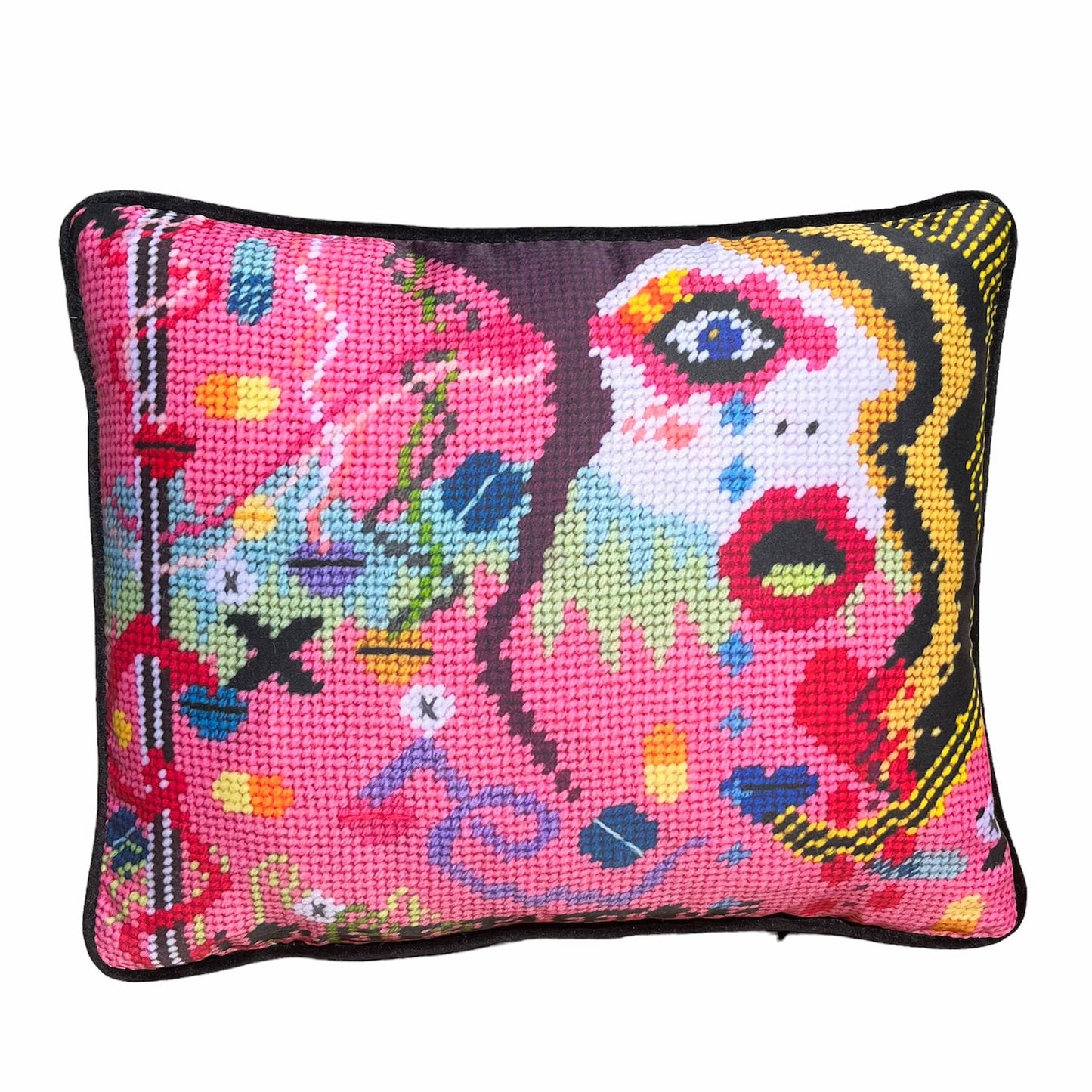 modern woman's face with mouth open; a smattering of cool snakes with lips; pills; XO . Super colorful pink velvet background with lots of blues, greens, red hearts. Super fun pop art!